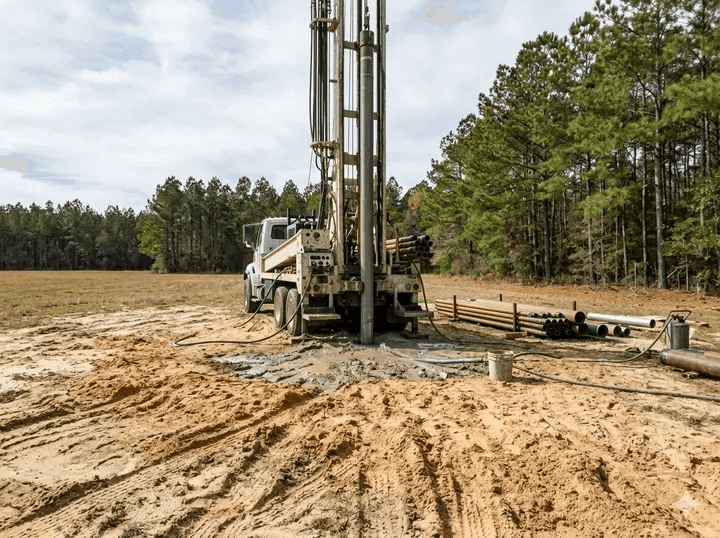 Drilling rig on a rural Burke County property for new residential well installation